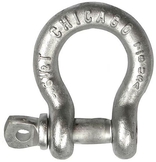 A large stainless steel screw pin shackle galvanized with a bolt manufactured by Safeline-FP for construction personnel safety.