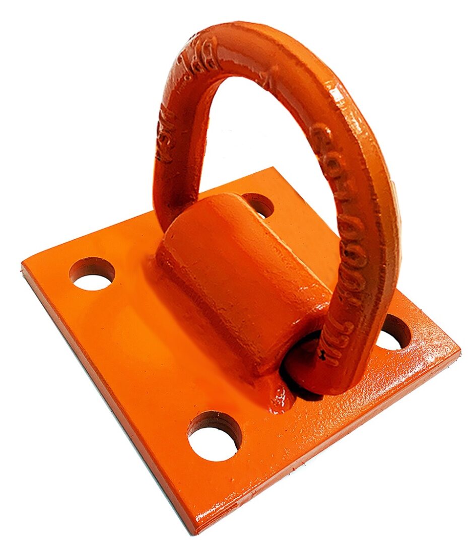 Product image of Safeline-FP's AP-6062 D-Ring Bolt-On Wall Anchor, an orange anchor, and two hole holes on a steel plate.